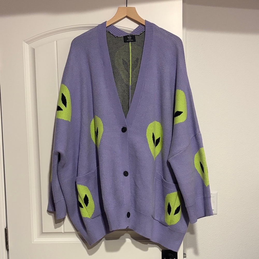 Lala Purple and Green Alien Pattern Sweater